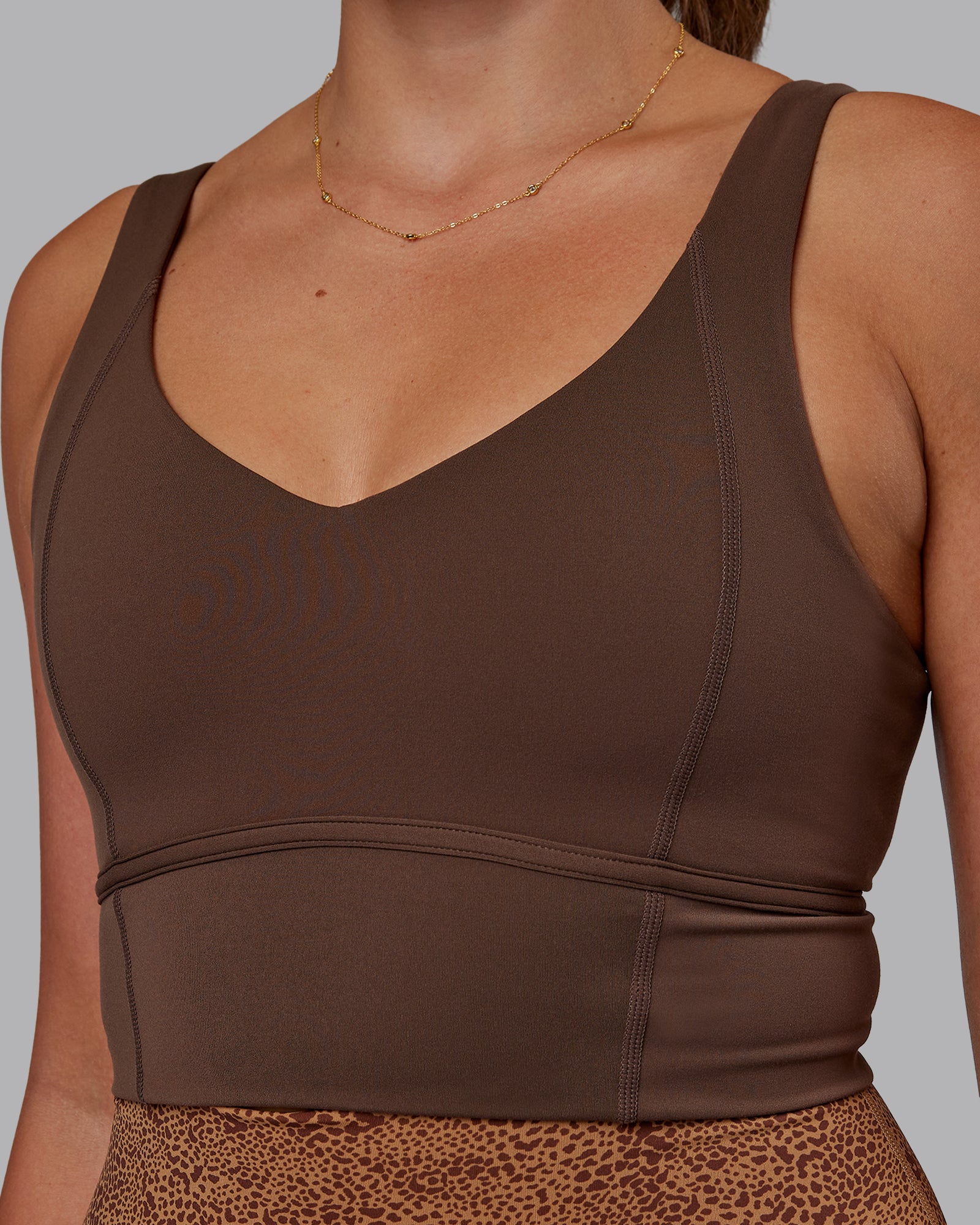 Woman wearing Longline Sports Bra - Chocolate Martini | Model:Phoebe | Size:S