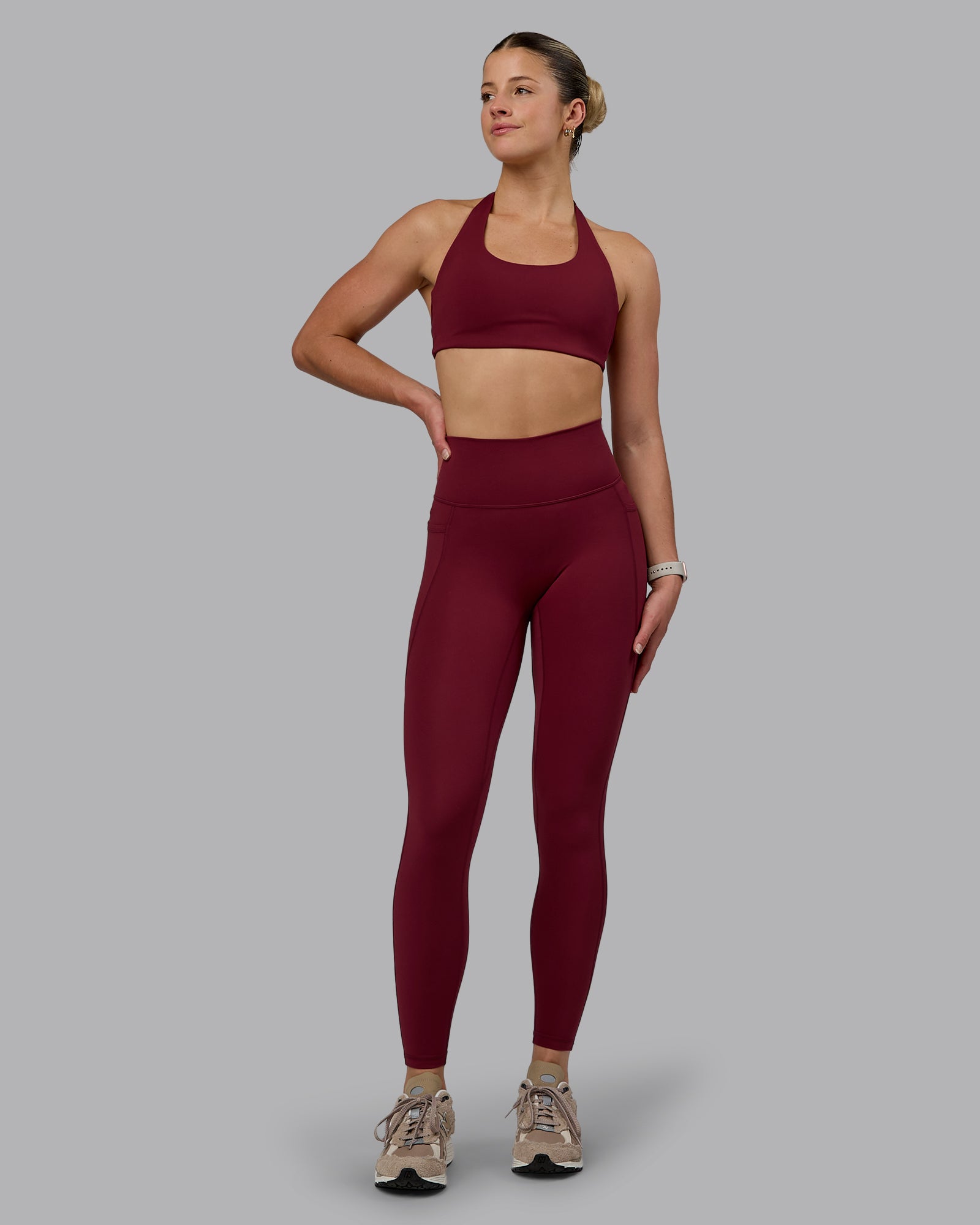 Woman wearing Fusion Ultra High-Rise Full Length Legging Pockets - Cordovan | Model:Chloe | Size:XS