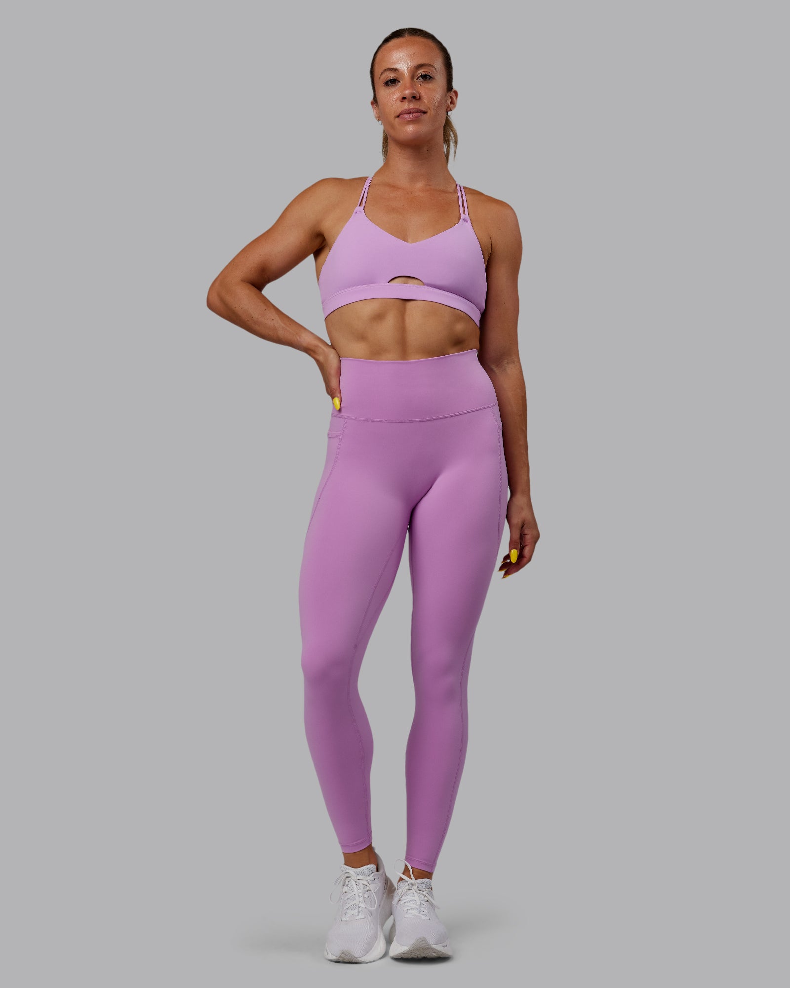 Woman wearing Fusion Ultra High-Rise Full Length Legging Pockets - Light Violet | Model:Bree | Size:S