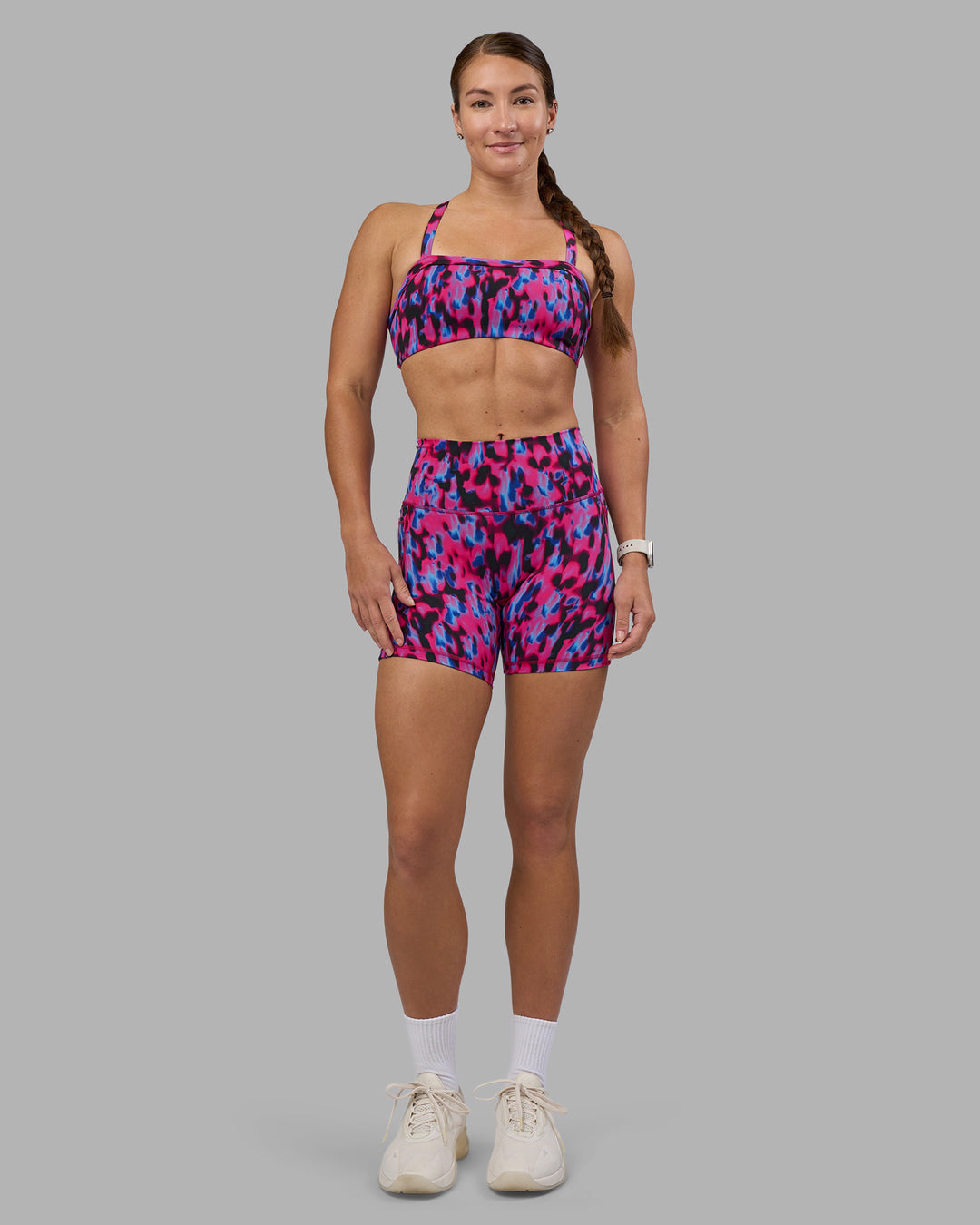 Woman wearing Fusion High-Rise 6&quot; Short Pockets - Pink Luminous | Model:Hannah | Size:S