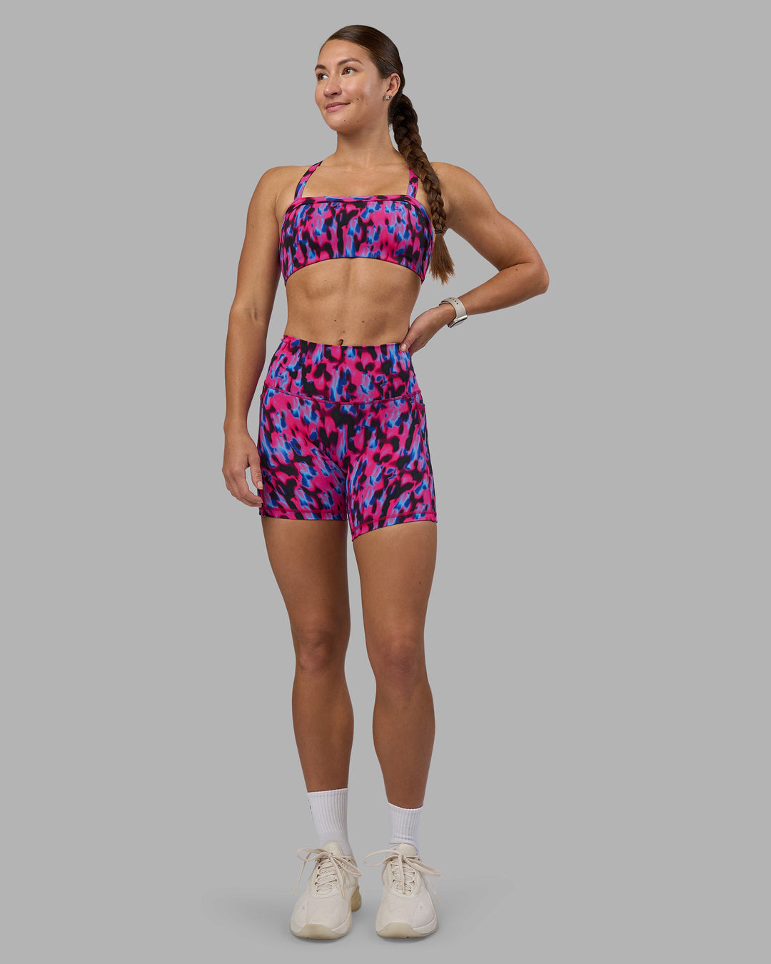 Woman wearing Fusion High-Rise 6&quot; Short Pockets - Pink Luminous | Model:Hannah | Size:S