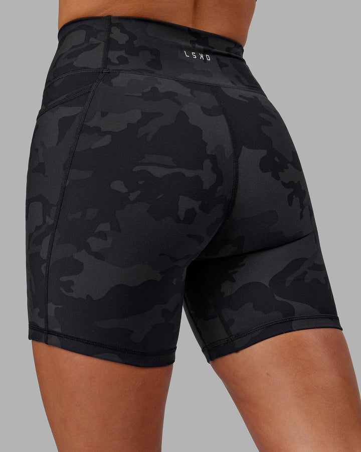 Woman wearing Fusion Mid Short Tight - Black-Camo
