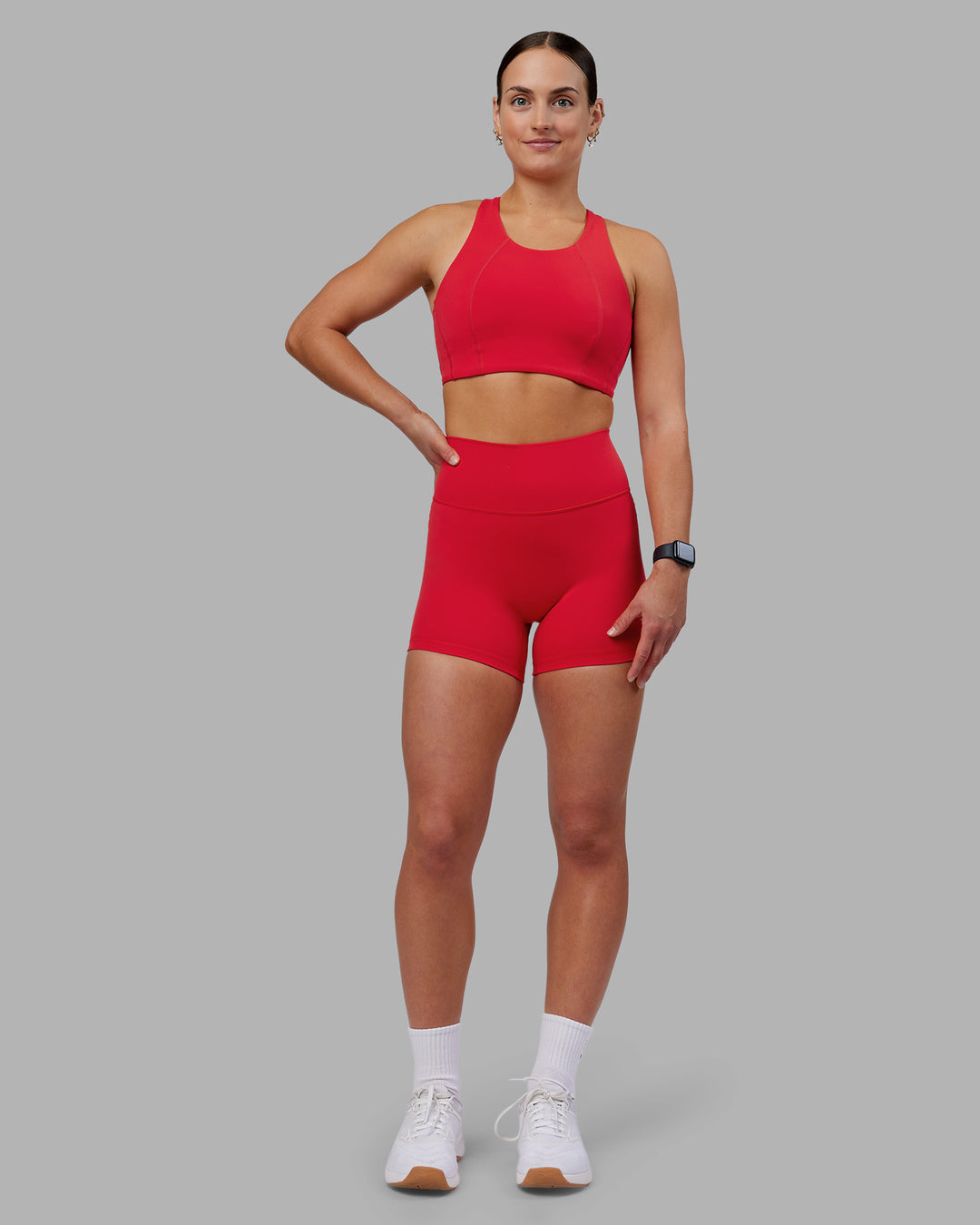 Woman wearing Fusion Ultra High-Rise 4&quot; Short - Scarlet | Model:Keisha | Size:S