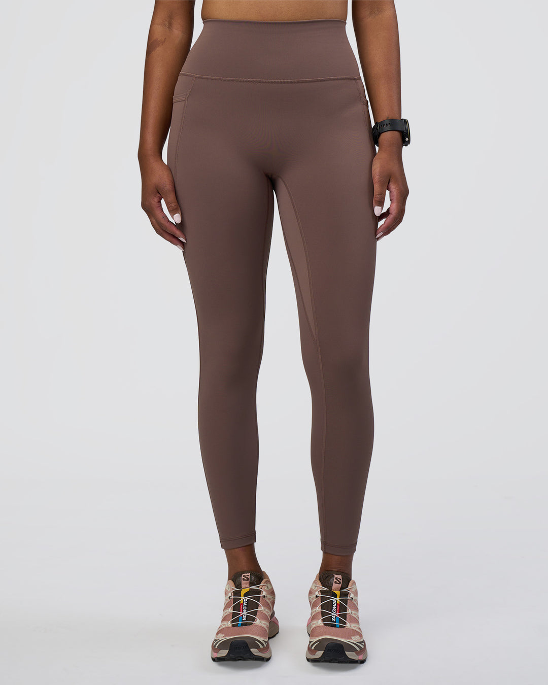 Woman wearing Fusion Ultra High-Rise 7/8 Legging Pockets - Peppercorn | Model:Rica | Size:S