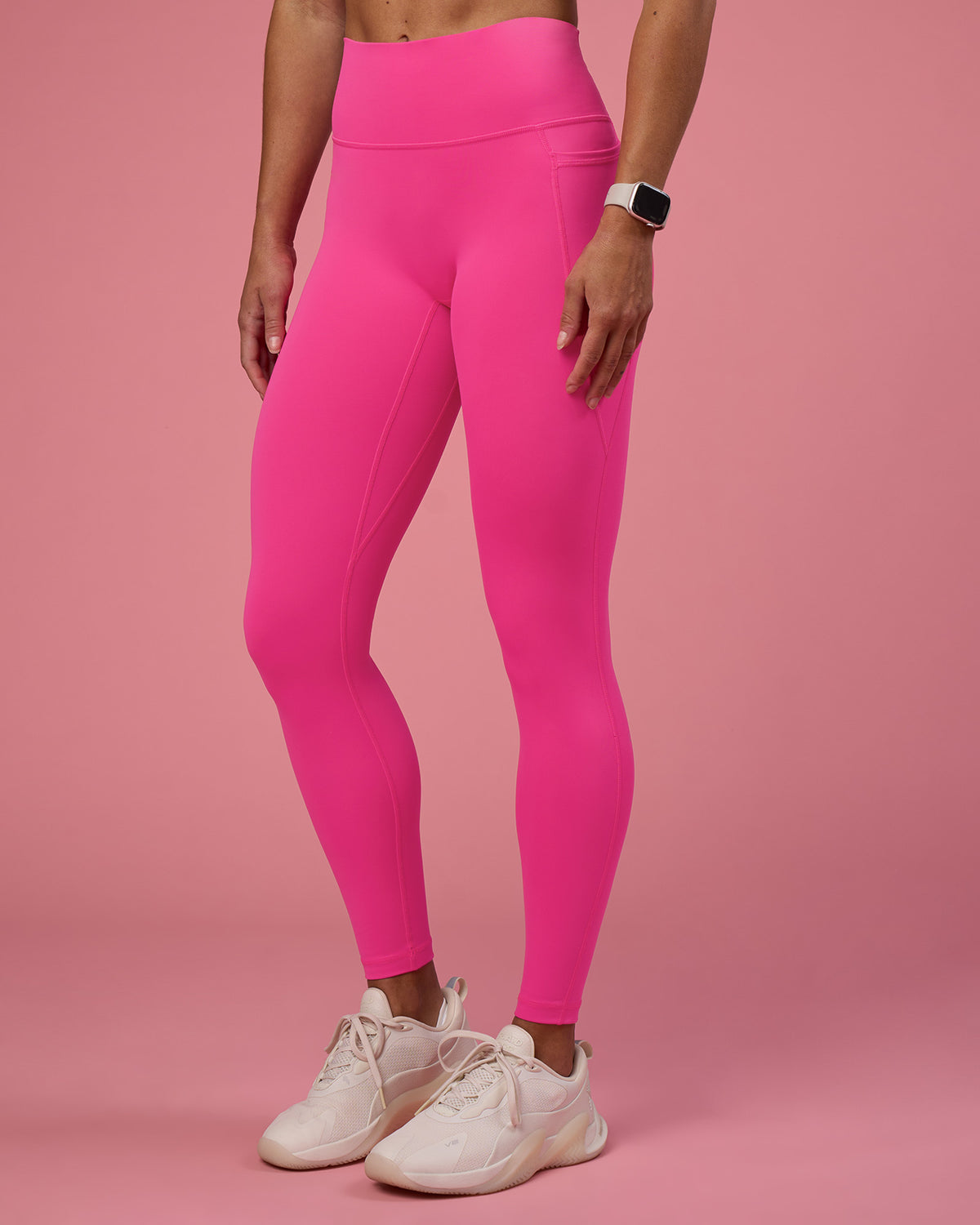 Woman wearing Fusion Ultra High-Rise Full Length Legging Pockets - Ultra Pink | Model:Hannah | Size:S
