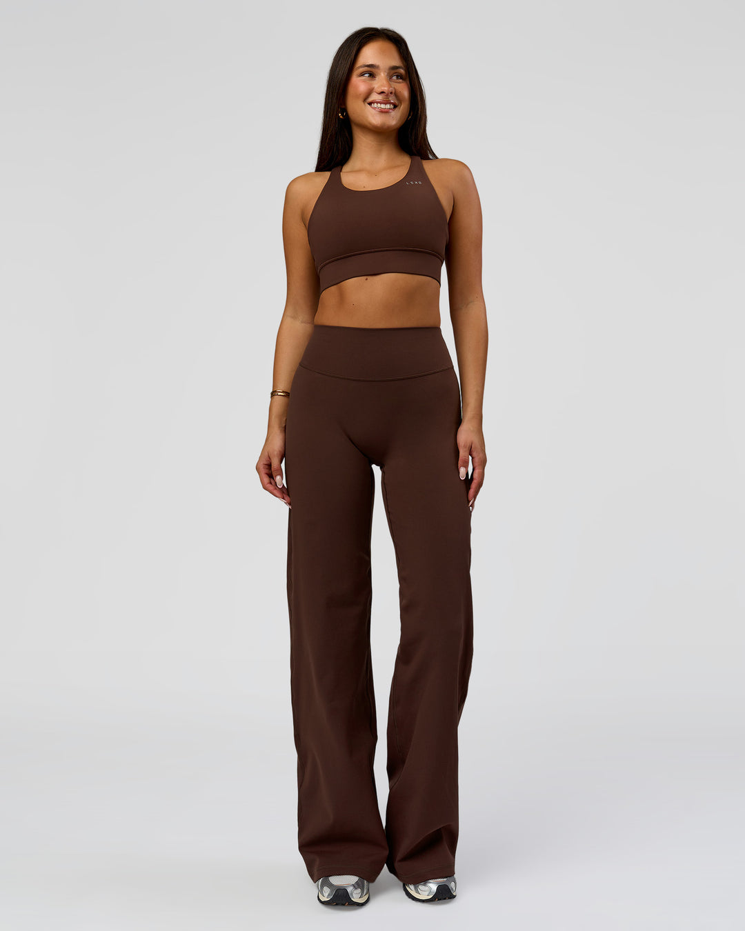 Woman wearing Fusion V-Contour High-Rise Pant - Hot Chocolate | Model:Bianca | Size:S