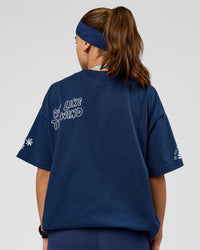 Woman wearing GG Heavyweight Oversized Tee - Future Navy | Model:Grace | Size:S