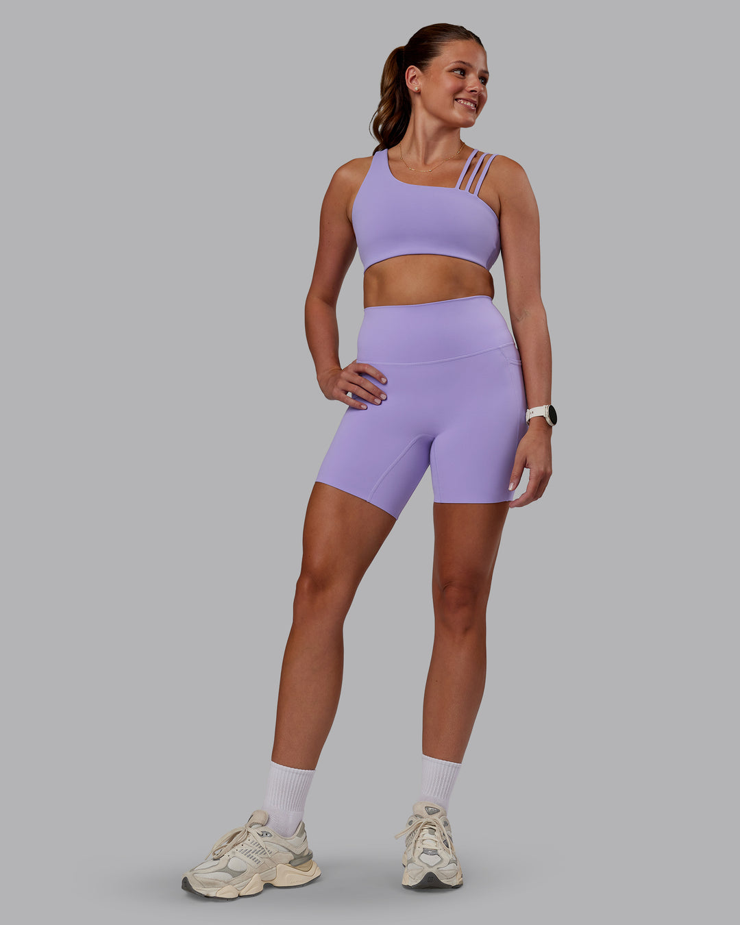 Woman wearing Galvanise Sports Bra 2.0 - Violet Ray | Model:Phoebe | Size:S