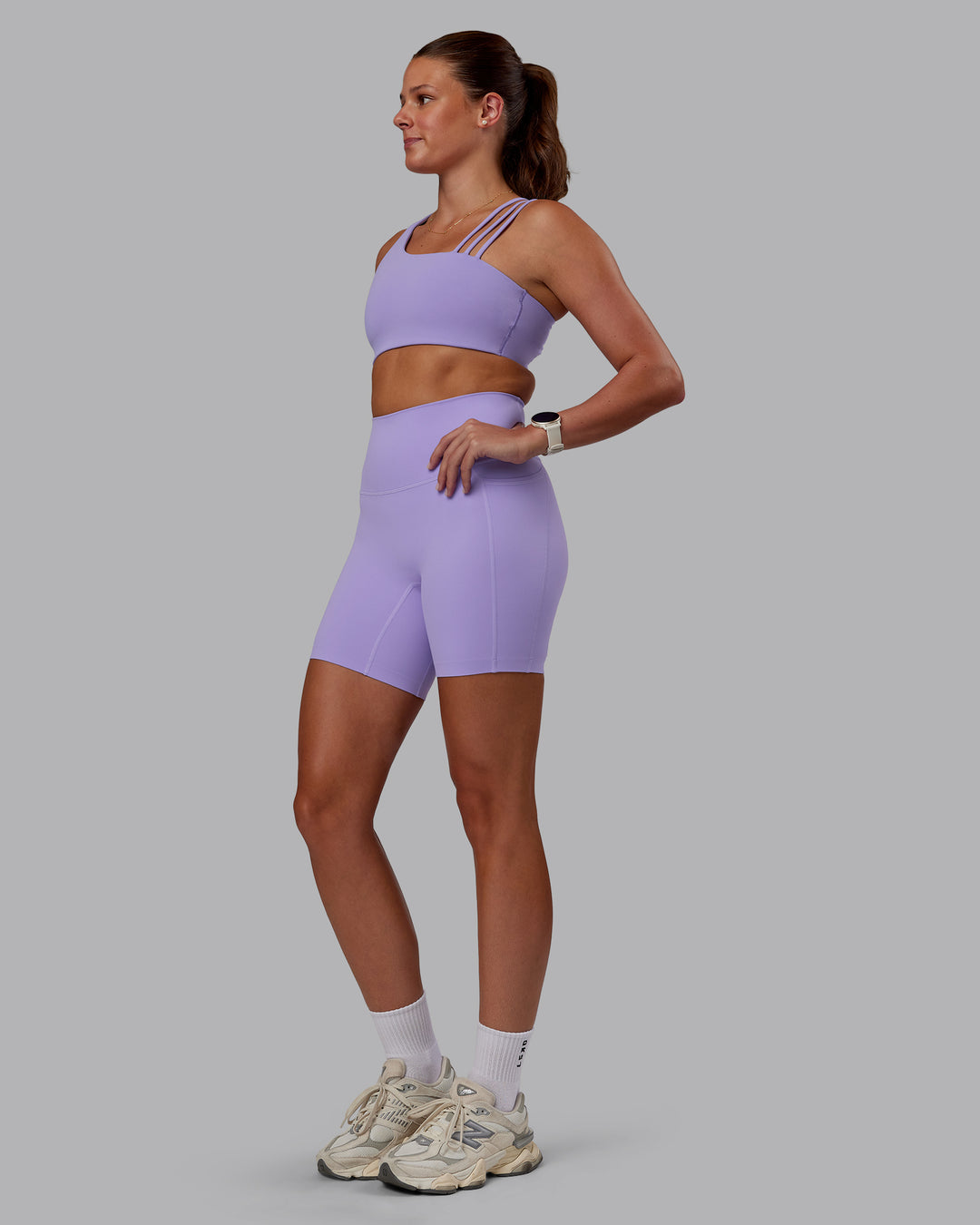 Woman wearing Galvanise Sports Bra 2.0 - Violet Ray | Model:Phoebe | Size:S