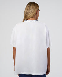 Woman wearing Go-To FLXCotton Oversized Deviation Tee - White-Future Navy | Model:Amity | Size:S
