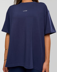 Woman wearing Go-To FLXCotton Oversized Tee - Future Navy-White | Model:Bianca | Size:S