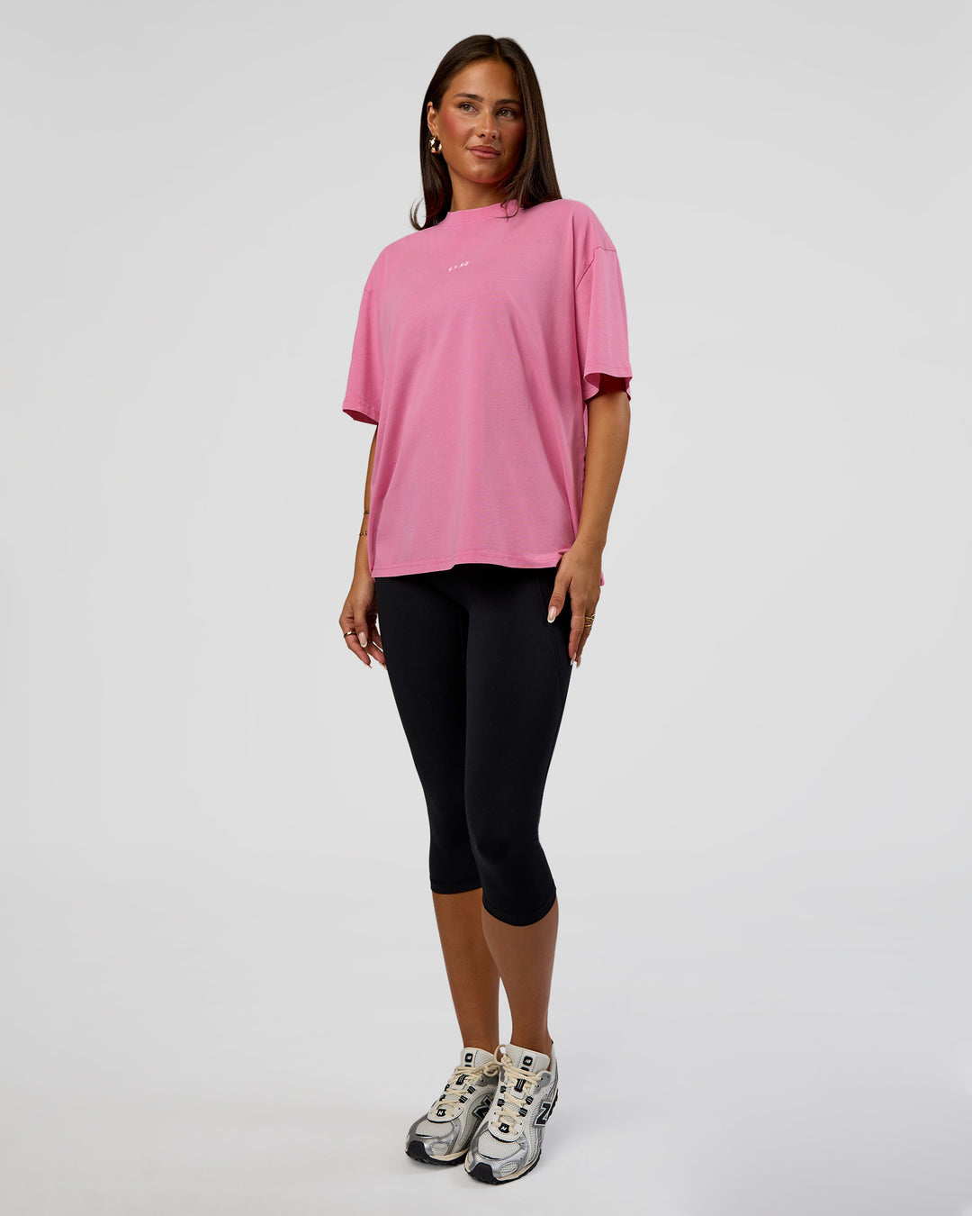 Woman wearing Go-To FLXCotton Oversized Tee - Sugar Plum Washed | Model:Bianca | Size:S