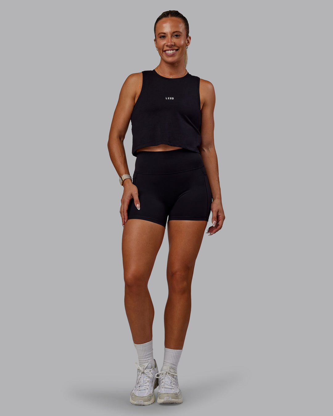 Woman wearing Go-To FLXCotton Tank - Black-White