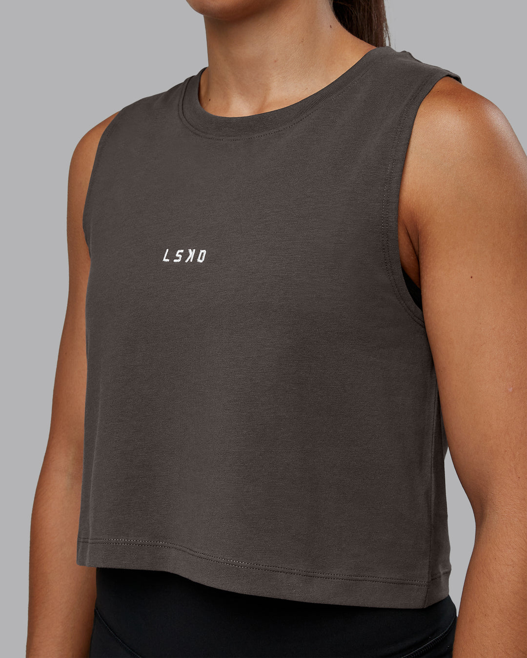 Woman wearing Go-To FLXCotton Tank in Dark Storm-White | Size:S | Model:Tylah