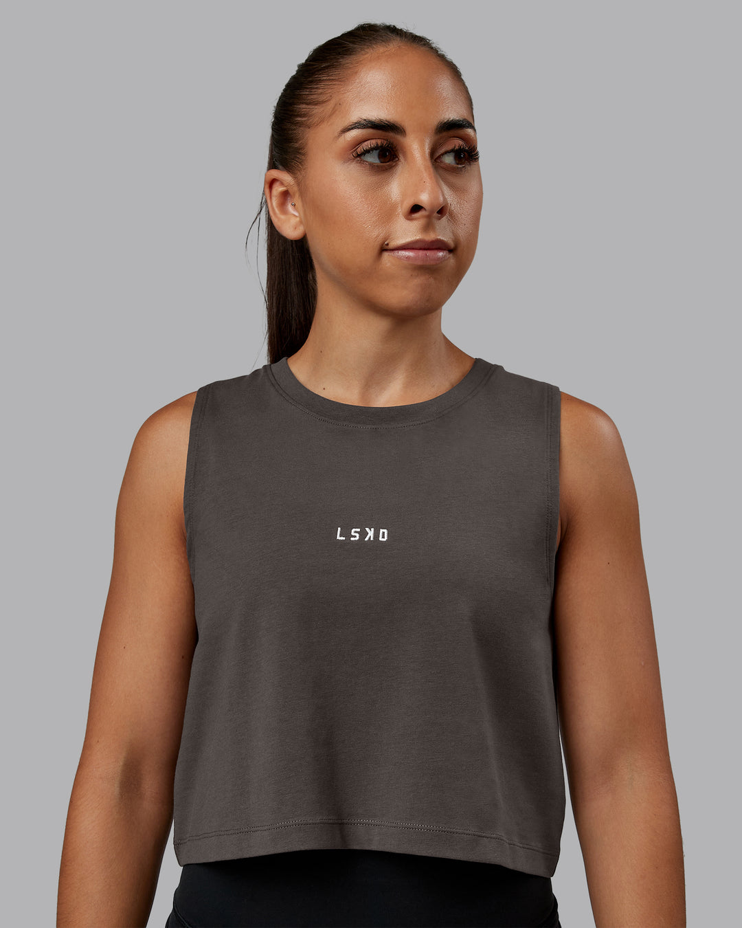 Woman wearing Go-To FLXCotton Tank in Dark Storm-White | Size:S | Model:Tylah