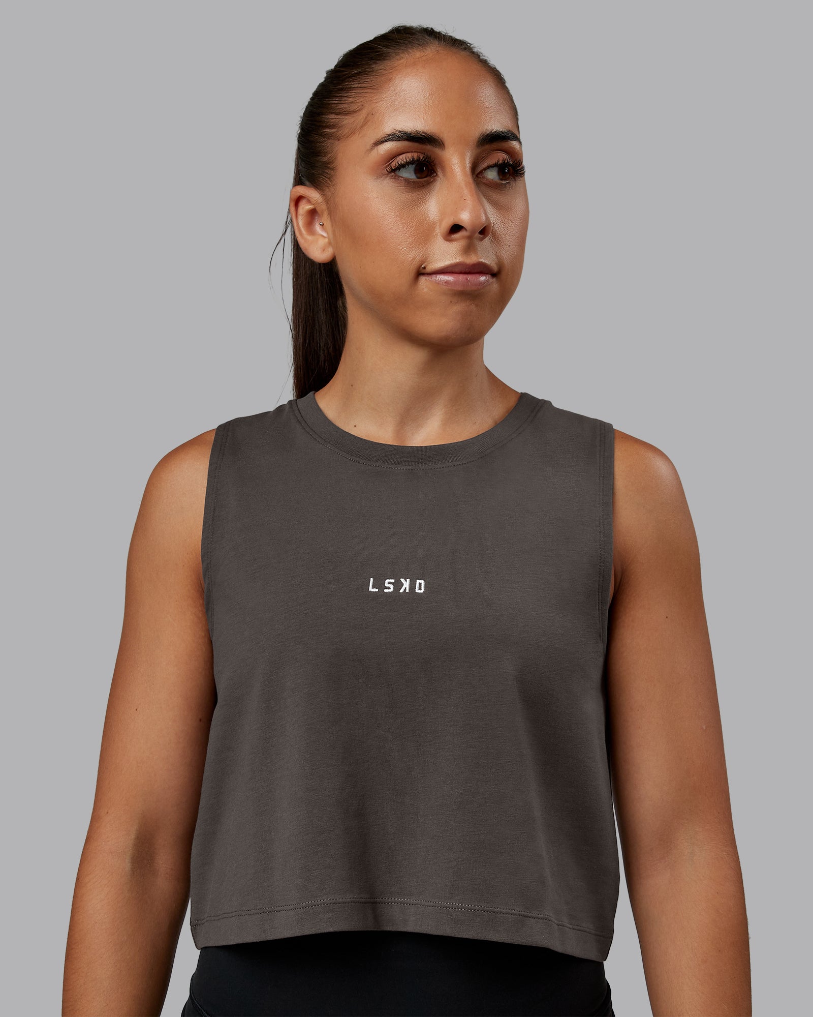 Woman wearing Go-To FLXCotton Tank in Dark Storm-White | Size:S | Model:Tylah