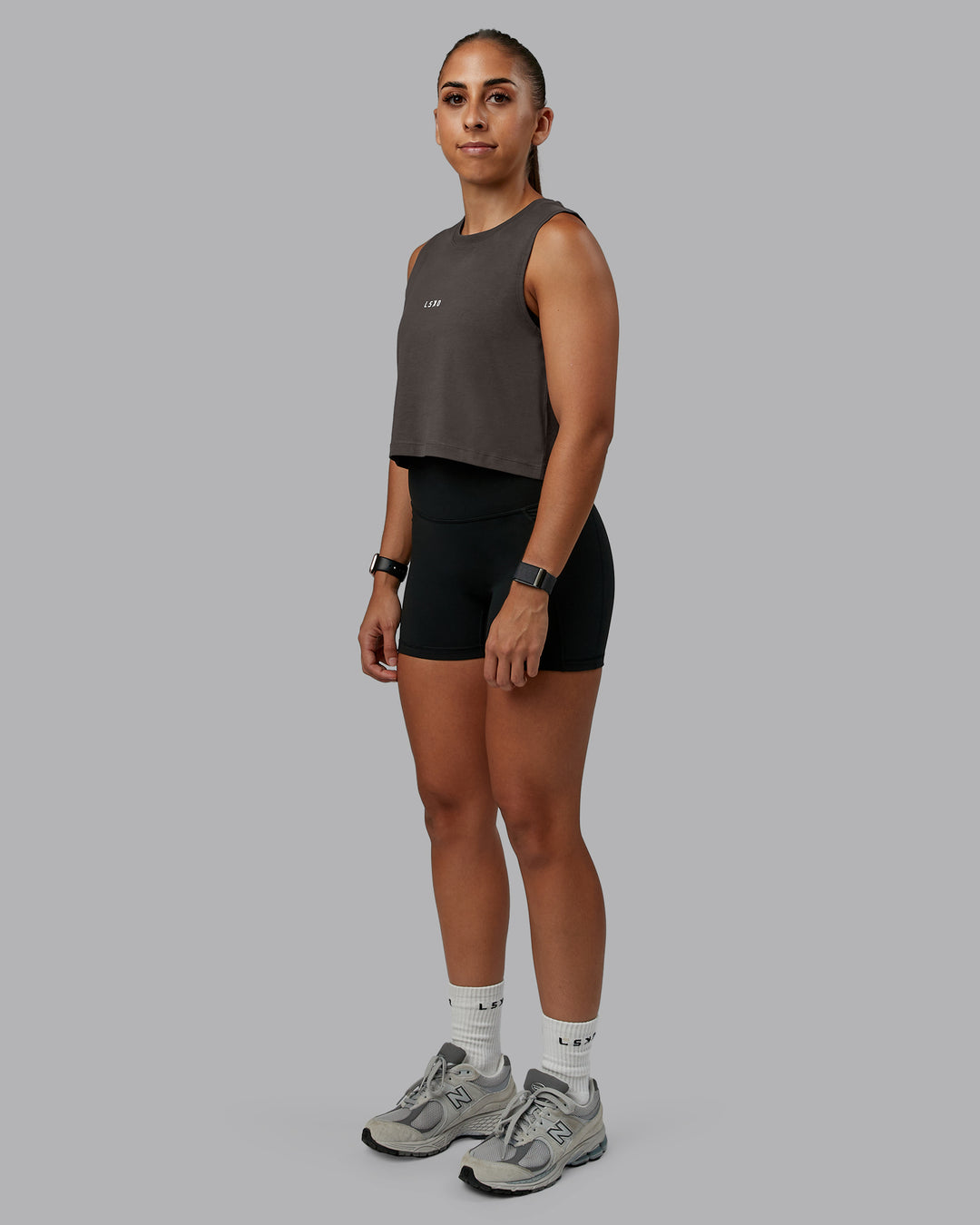 Woman wearing Go-To FLXCotton Tank in Dark Storm-White | Size:S | Model:Tylah