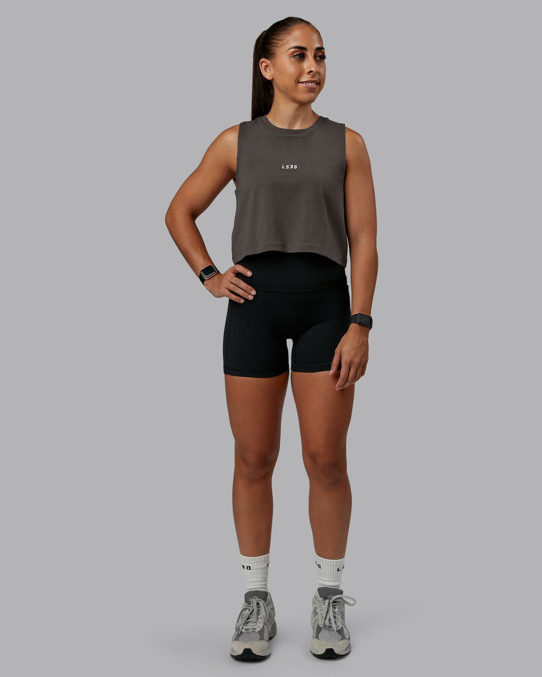 Woman wearing Go-To FLXCotton Tank in Dark Storm-White | Size:S | Model:Tylah