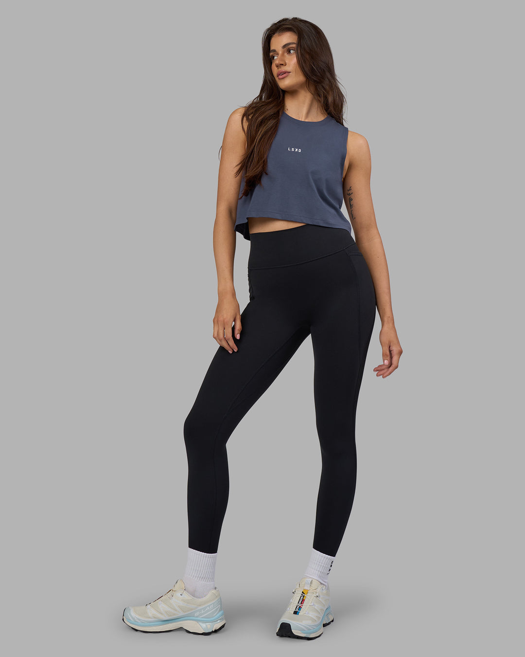 Woman wearing Go-To FLXCotton Tank - Night Shadow-White | Model:Phoebe | Size:S