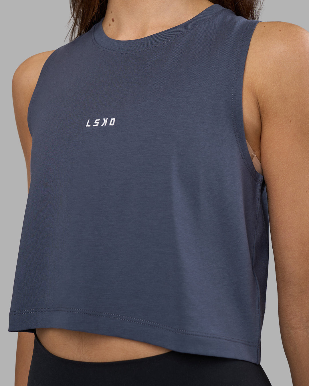 Woman wearing Go-To FLXCotton Tank - Night Shadow-White | Model:Phoebe | Size:S