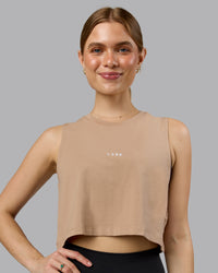 Woman wearing Go-To FLXCotton Tank - Warm Smoke-White | Model:Emilie | Size:S