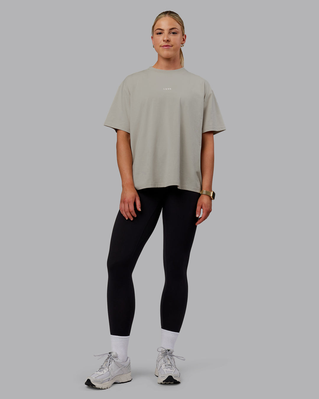 Woman wearing Go-To FLXCotton Oversized Tee - Shale Beige