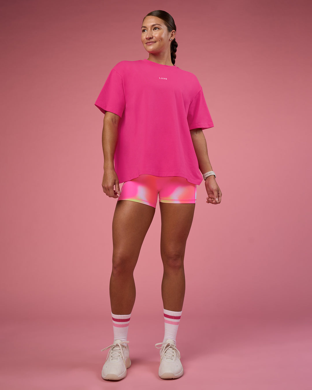 Woman wearing Go-To FLXCotton Oversized Tee - Ultra Pink-White | Model:Hannah | Size:S