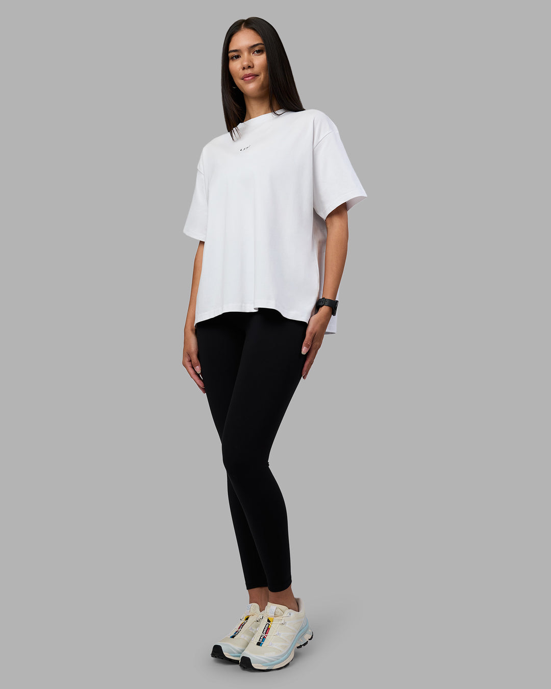 Woman wearing Go-To Heavyweight Oversized Tee - White | Model:Rhiley | Size:S