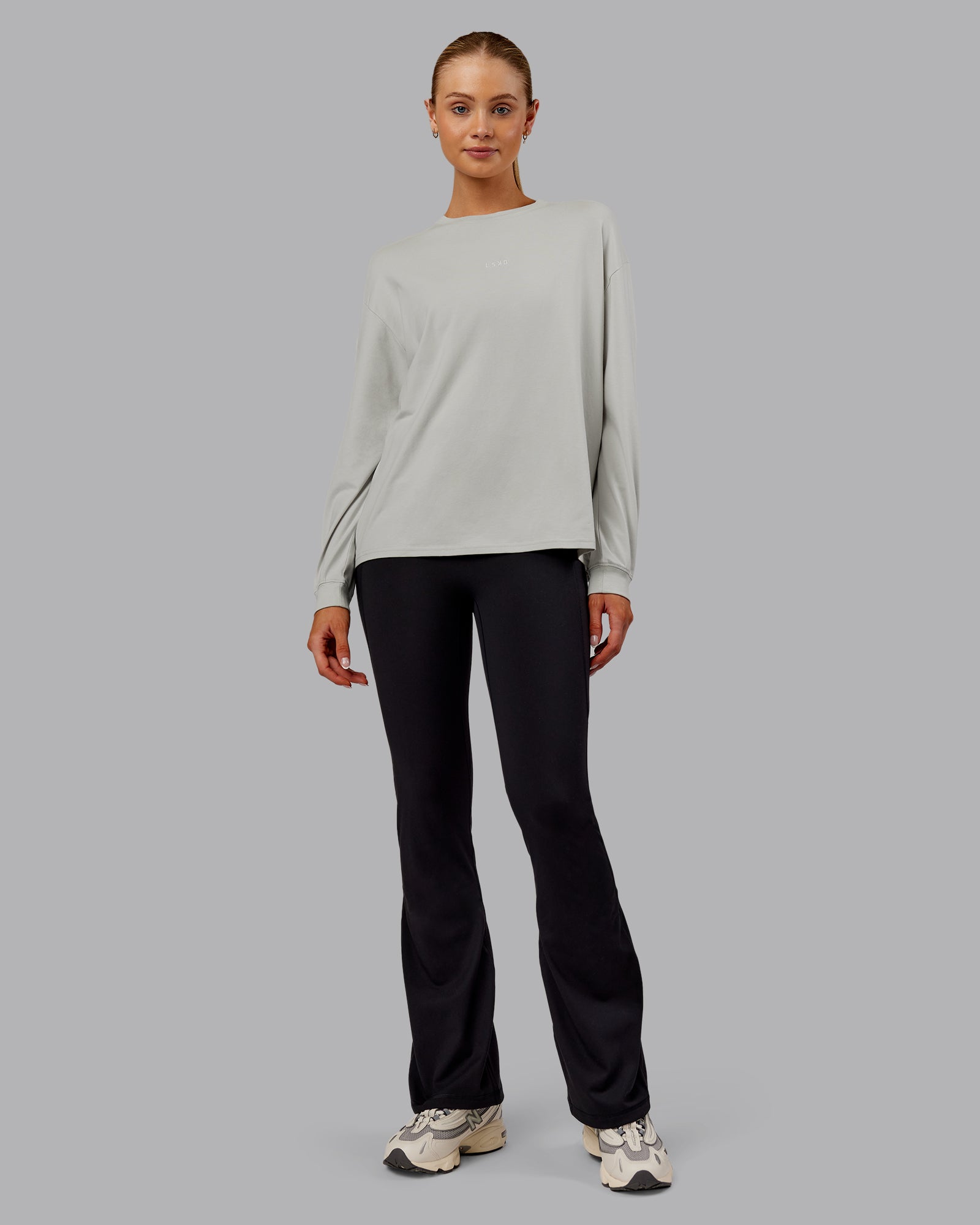 Woman wearing Go-To Long Sleeve FLXCotton Oversized Tee - Digital Mist-White | Model:Ella| Size:S