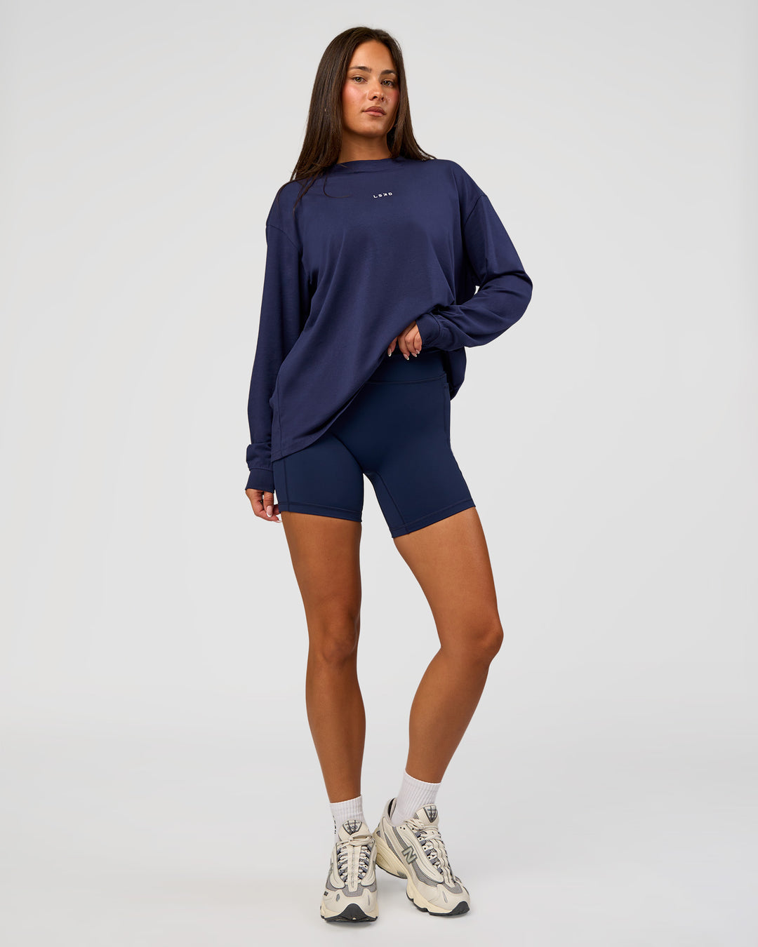 Woman wearing Go-To Long Sleeve FLXCotton Oversized Tee - Future Navy-White | Model:Bianca | Size:S