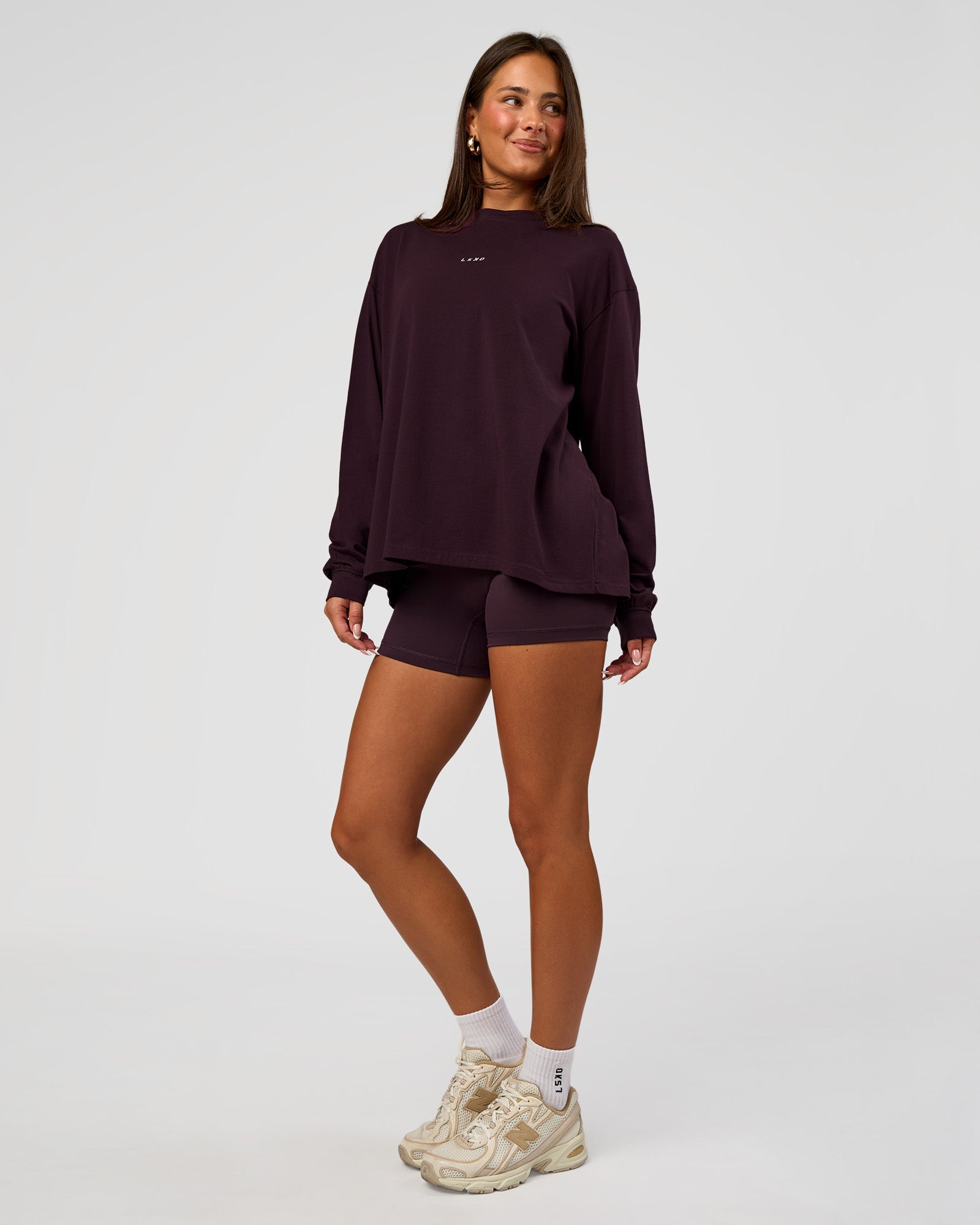 Go-To Long Sleeve FLXCotton Oversized Tee - Midnight Plum-White | LSKD