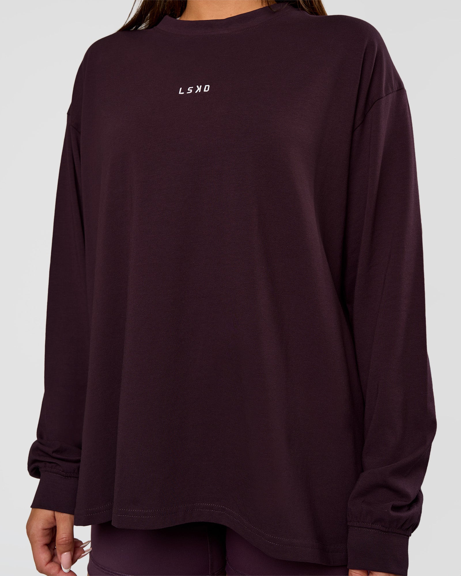 Go-To Long Sleeve FLXCotton Oversized Tee - Midnight Plum-White | LSKD