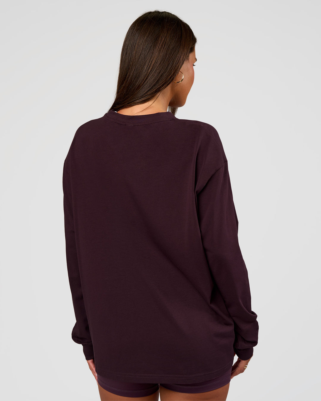 Woman wearing Go-To Long Sleeve FLXCotton Oversized Tee - Midnight Plum-White | Model:Bianca | Size:S - view 3