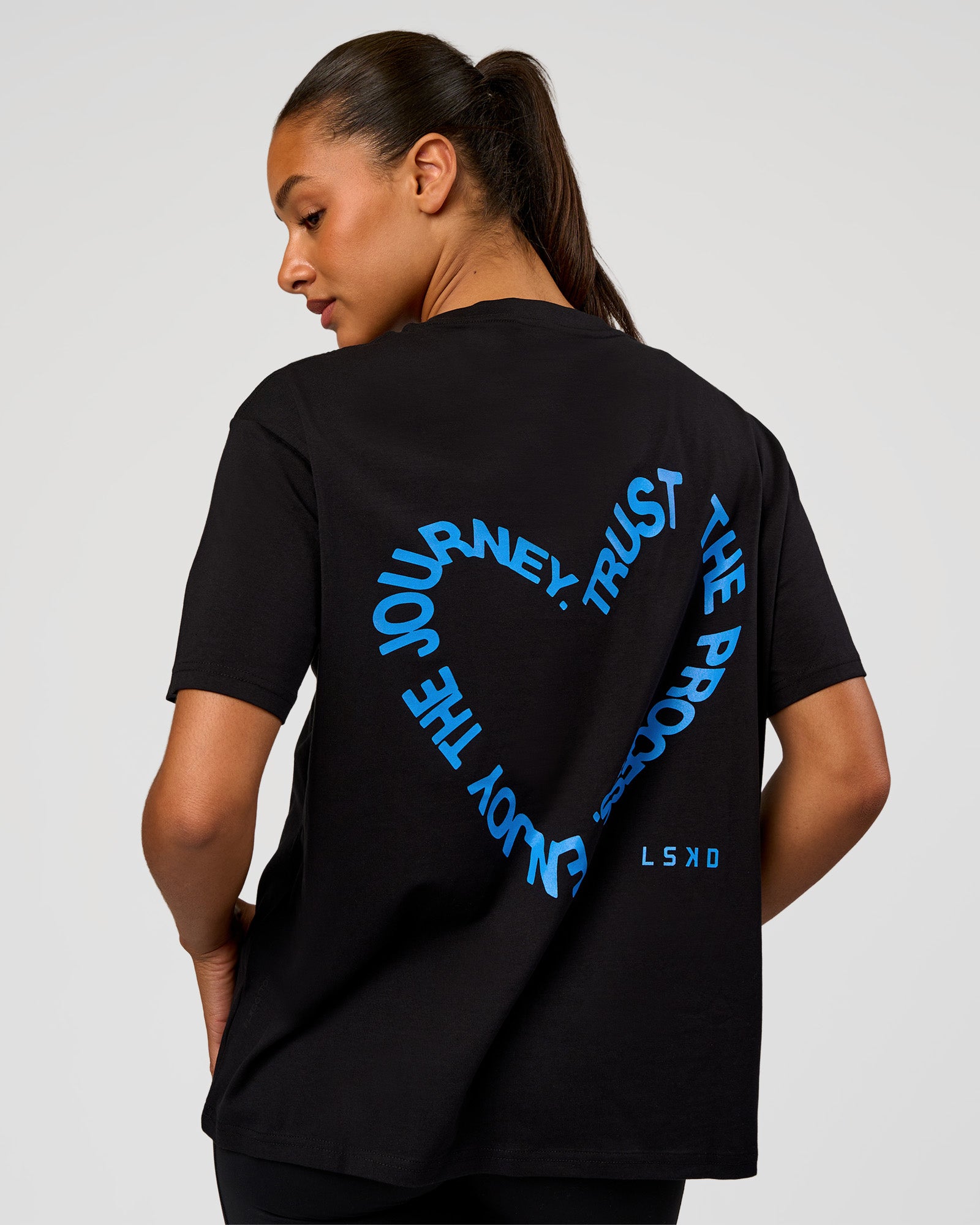 Woman wearing Go-To Love The Process FLXCotton Tee - Black-Palace Blue | Model:Rosie | Size:S