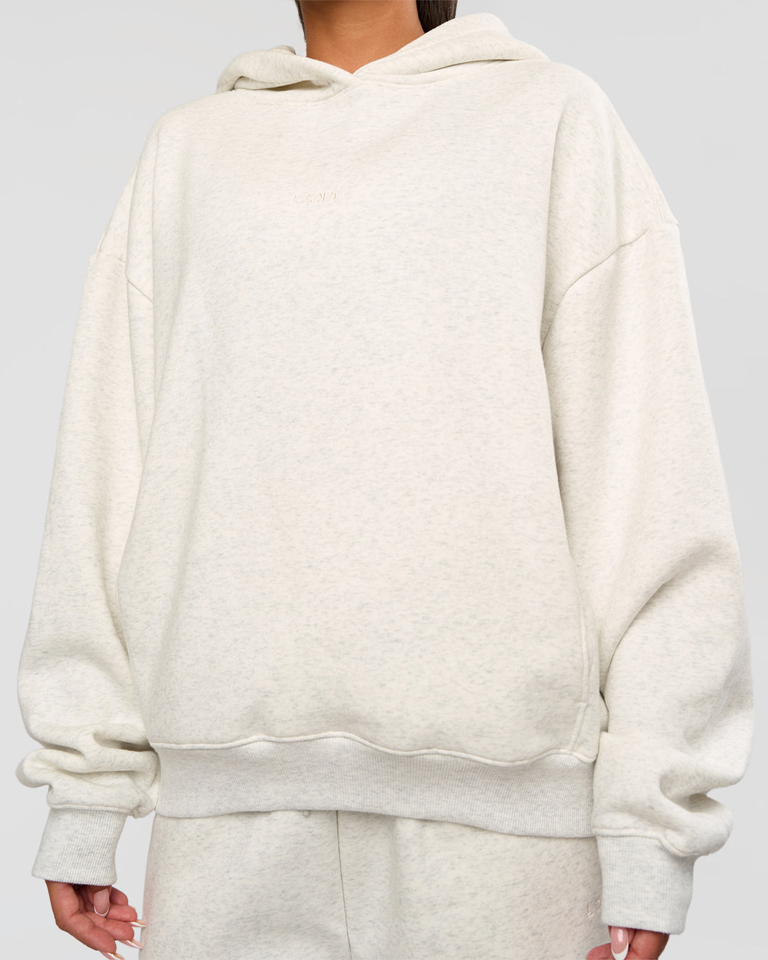 Woman wearing Go-To Oversized Hoodie - Silver Marl | Model:Bianca | Size:S