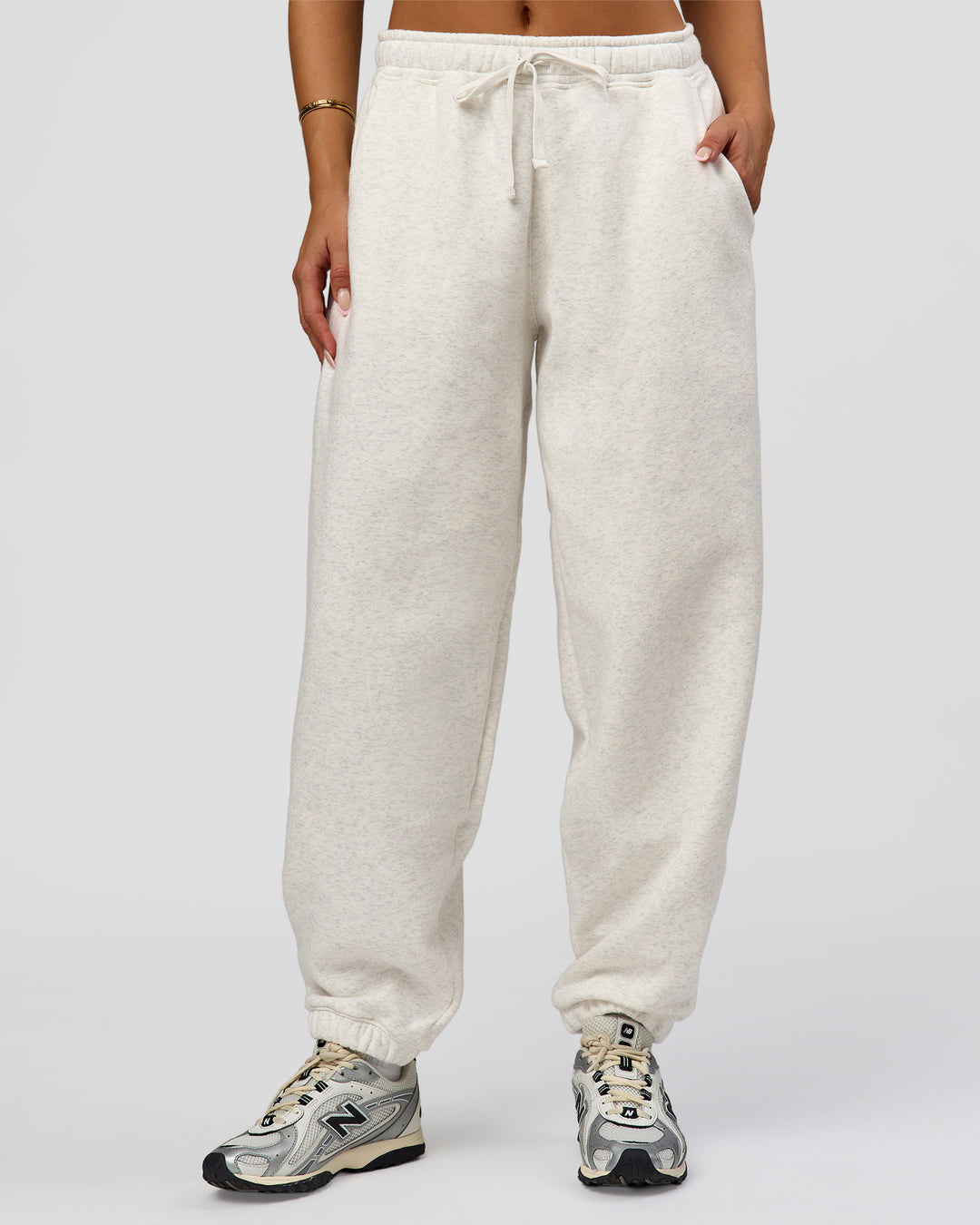 Woman wearing Go-To Oversized Track Pant - Silver Marl | Model:Bianca | Size:S