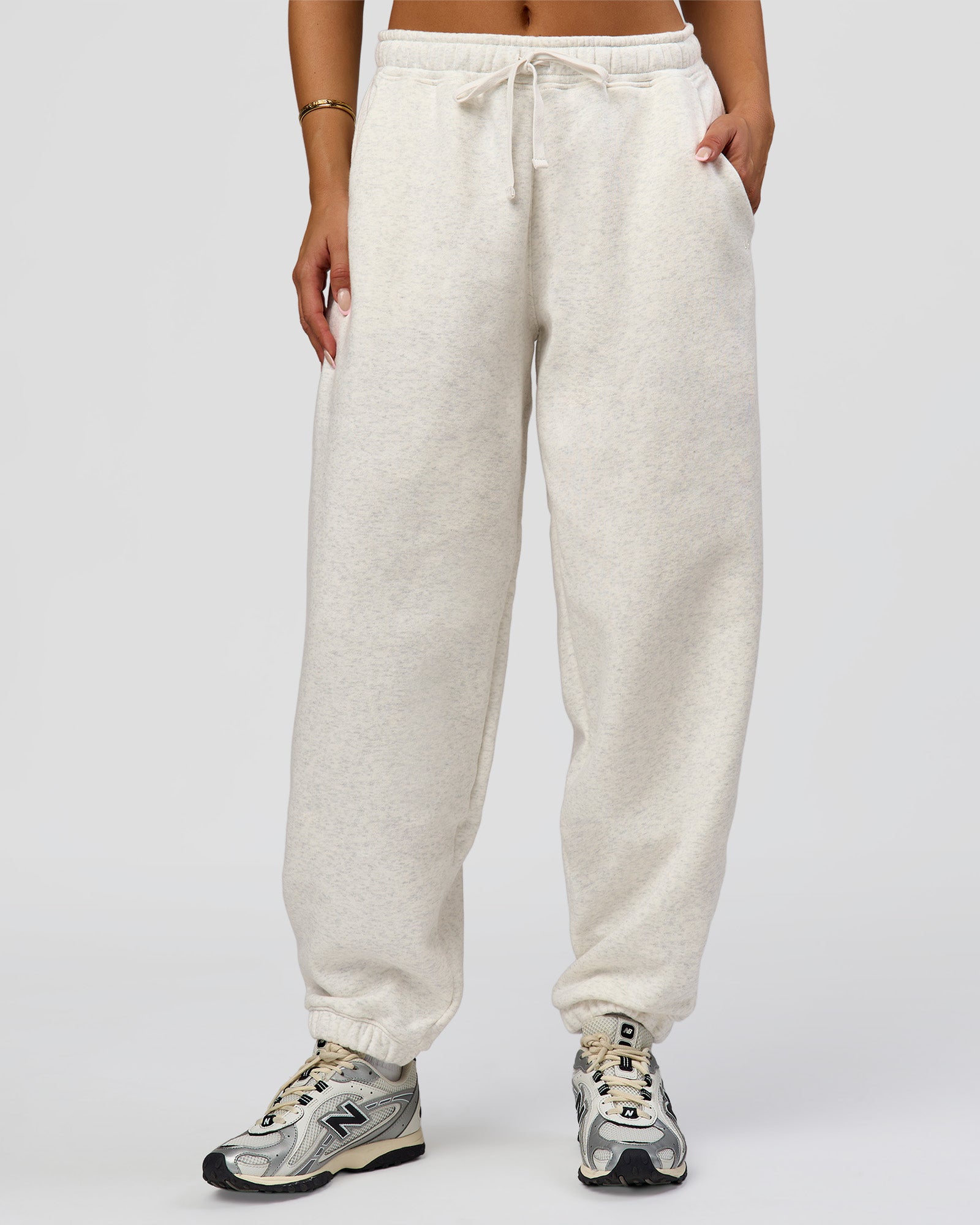 Woman wearing Go-To Oversized Track Pant - Silver Marl | Model:Bianca | Size:S