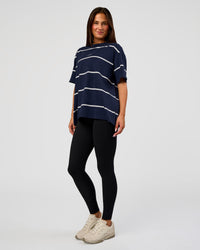 Woman wearing Go-To Stripe FLXCotton Oversized Tee - Future Navy-White | Model:Bianca | Size:S