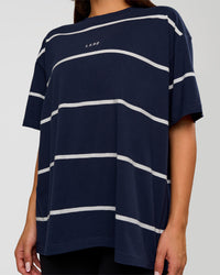 Woman wearing Go-To Stripe FLXCotton Oversized Tee - Future Navy-White | Model:Bianca | Size:S