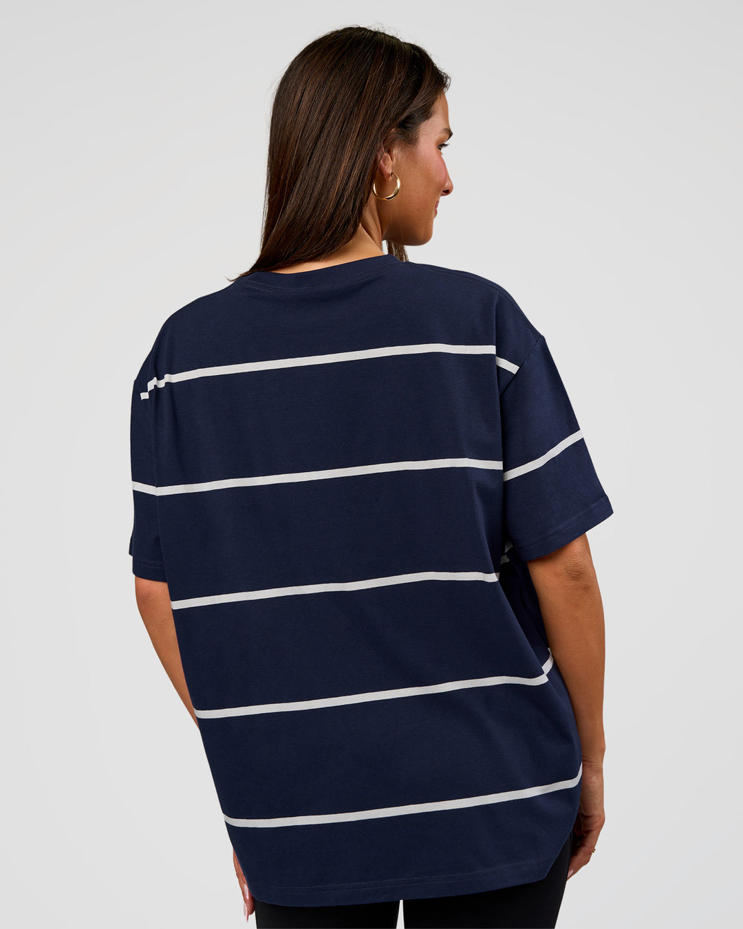 Woman wearing Go-To Stripe FLXCotton Oversized Tee - Future Navy-White | Model:Bianca | Size:S