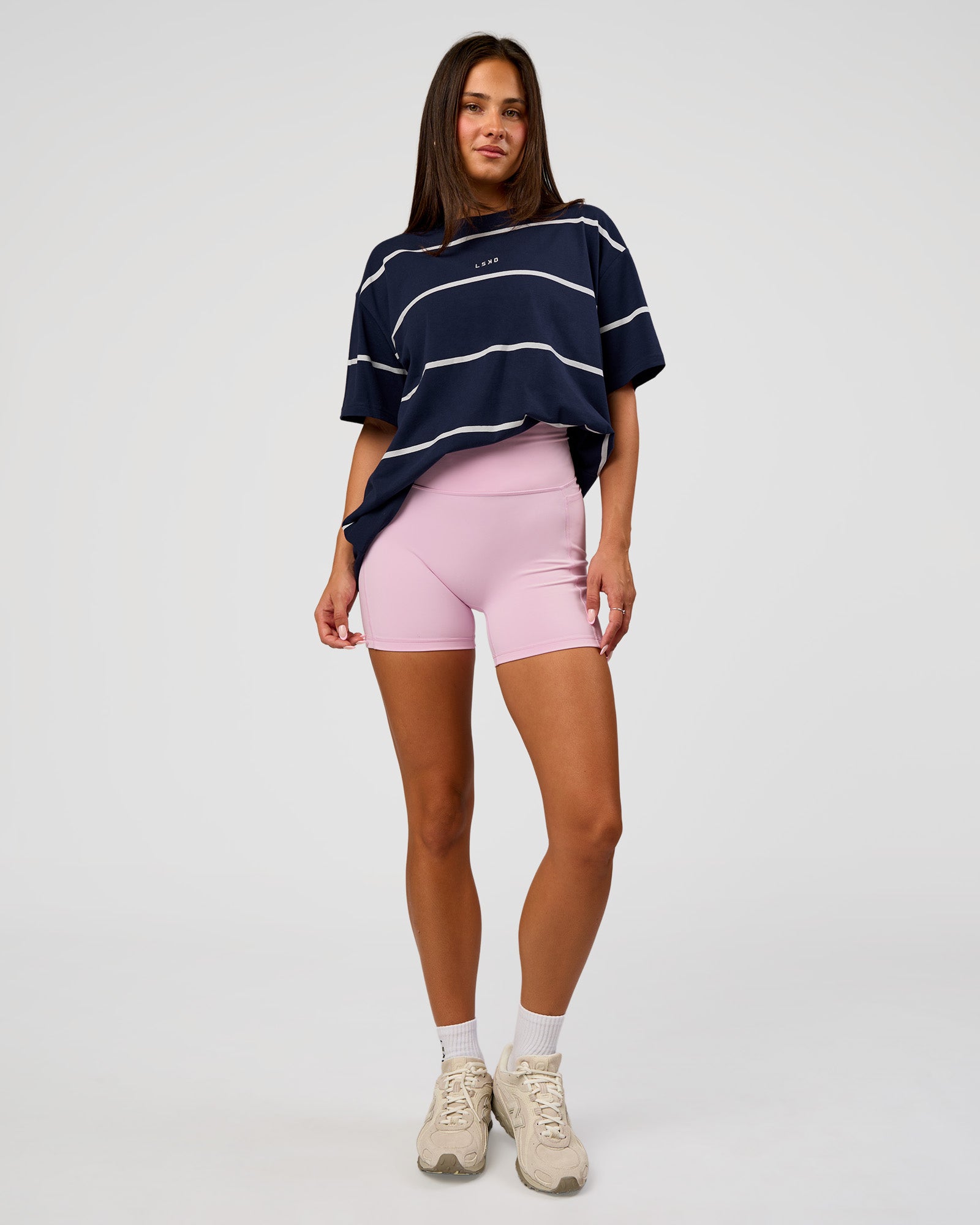 Woman wearing Go-To Stripe FLXCotton Oversized Tee - Future Navy-White | Model:Bianca | Size:S