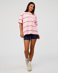 Woman wearing Go-To Stripe FLXCotton Oversized Tee - Marshmallow-Nightshadow | Model:Bianca | Size:S