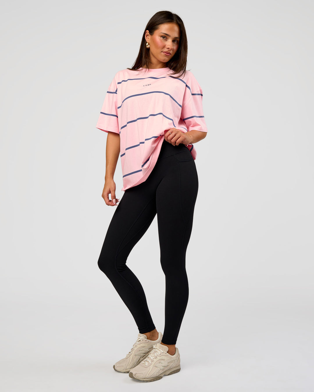 Woman wearing Go-To Stripe FLXCotton Oversized Tee - Marshmallow-Nightshadow | Model:Bianca | Size:S