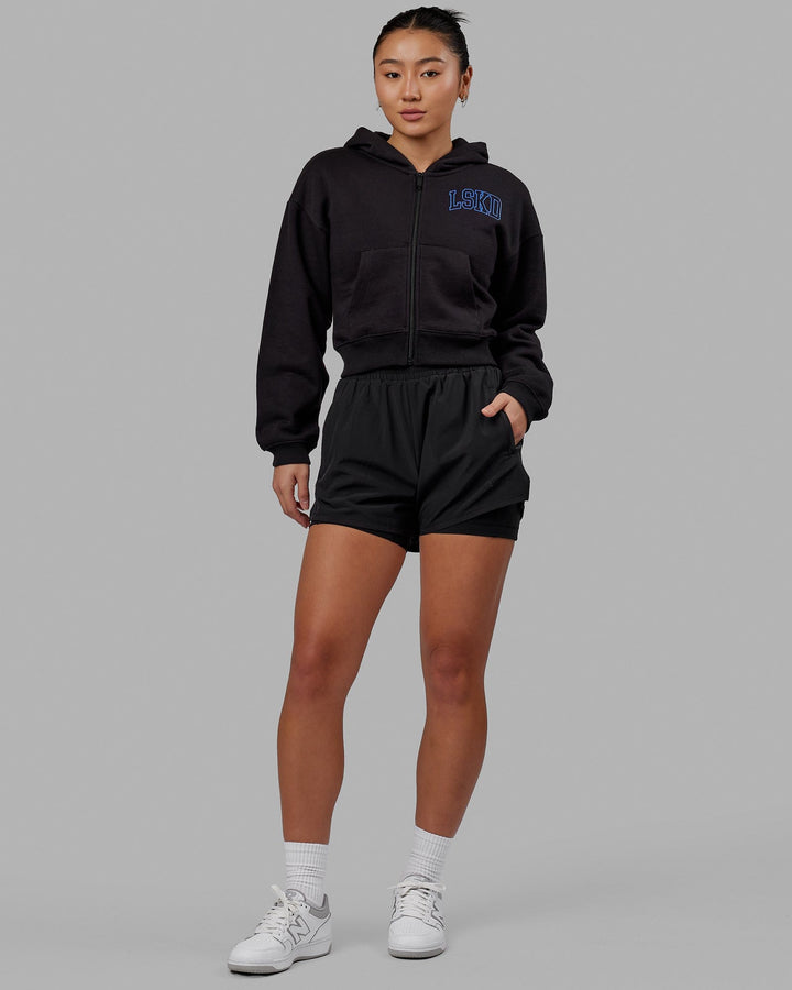 Woman wearing Guild Cropped Hoodie - Black-Power Cobalt