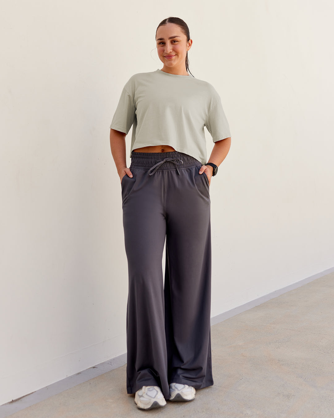 Woman wearing Heart Washed FLX Cotton Cropped Tee- Washed Shale Beige-White