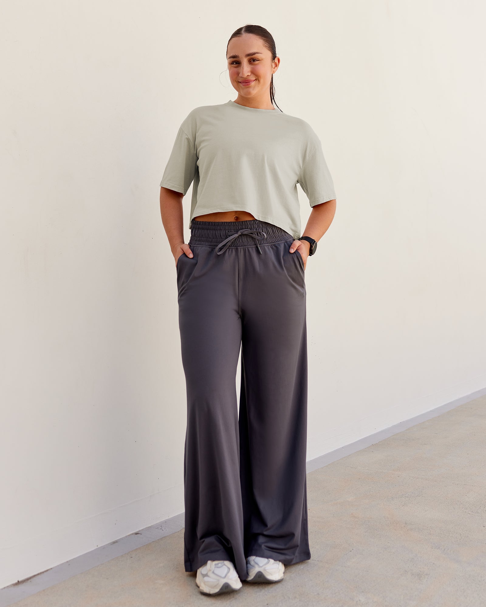 Woman wearing Heart Washed FLX Cotton Cropped Tee- Washed Shale Beige-White