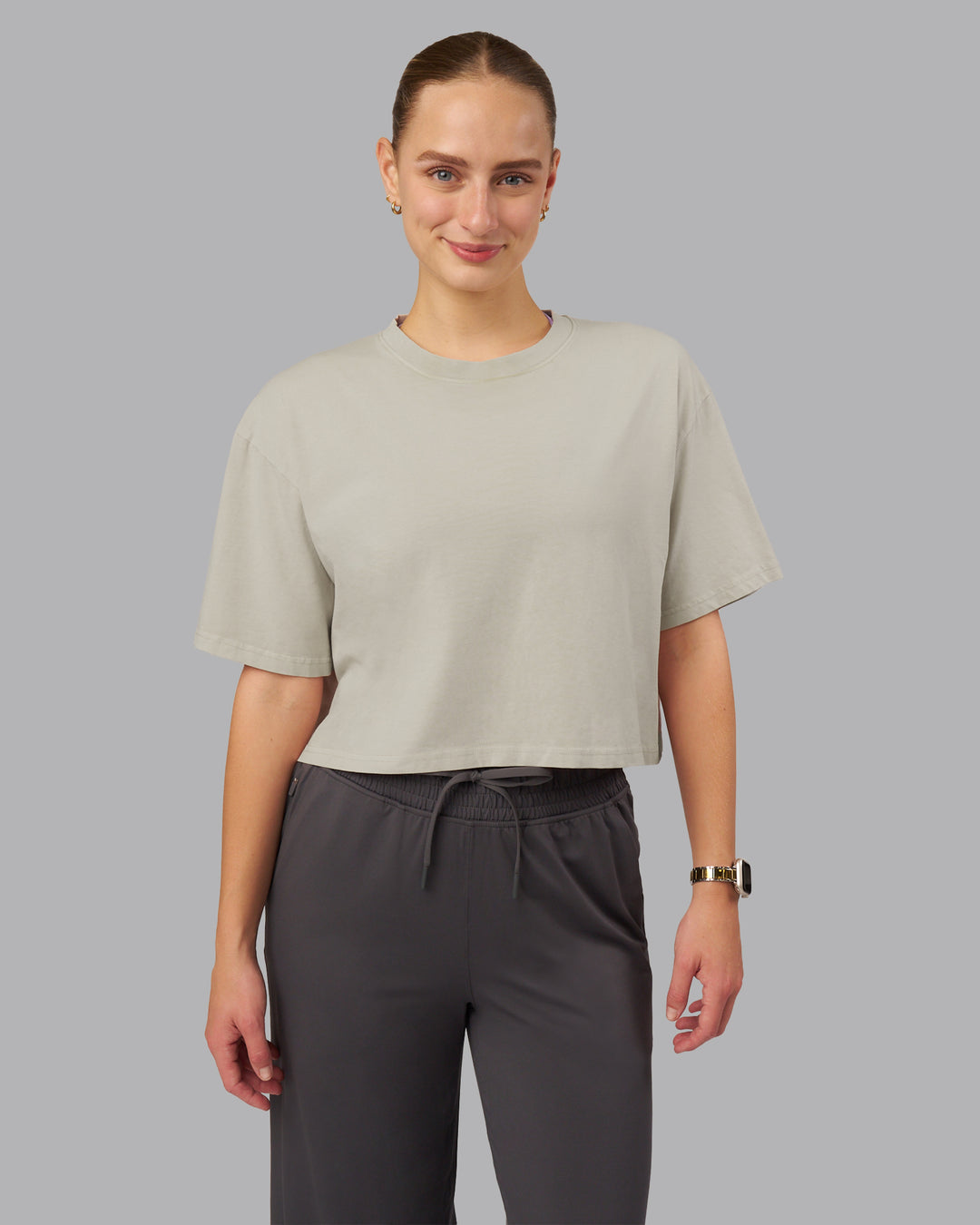 Woman wearing Heart Washed FLX Cotton Cropped Tee- Washed Shale Beige-White | Model:Lillie | Size:S