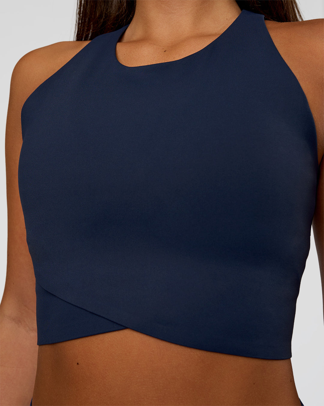 Woman wearing Hybrid Performance Crossover Tank - Future Navy | Model:Bianca | Size:S