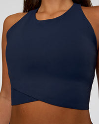 Woman wearing Hybrid Performance Crossover Tank - Future Navy | Model:Bianca | Size:S