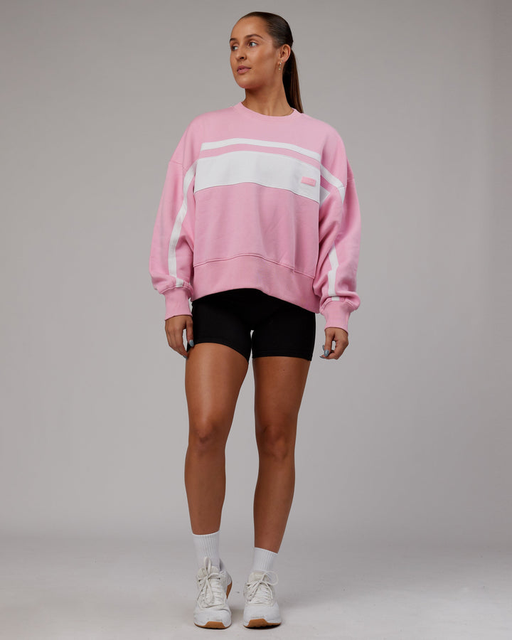 Woman wearing Intercept Sweater - Pink Frosting-White